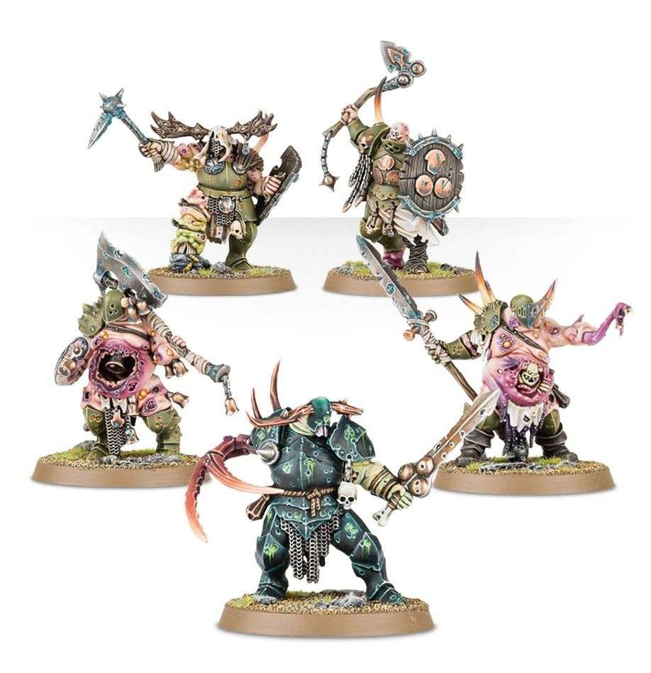 Cinco putrid blightkings, armados con espadas y guadañas, cada uno es prueba de l poder de Nurgle