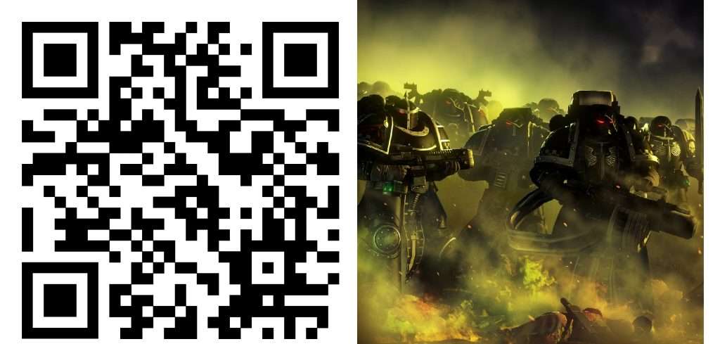 Código QR para escuchar la canción: the first blade, a un costado se pueden apreciar marines espaciales pertenecientes al capítulo de marines espaciales de los ángeles oscuros