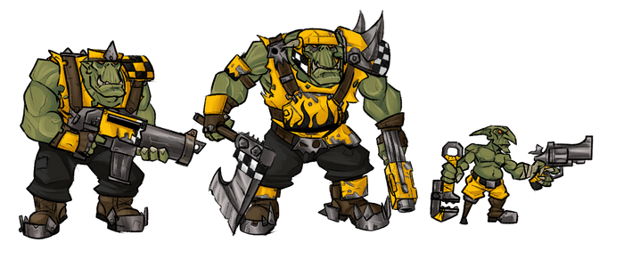 Un orko, un noble y un gretchin con colores del clan de la luna malvada
