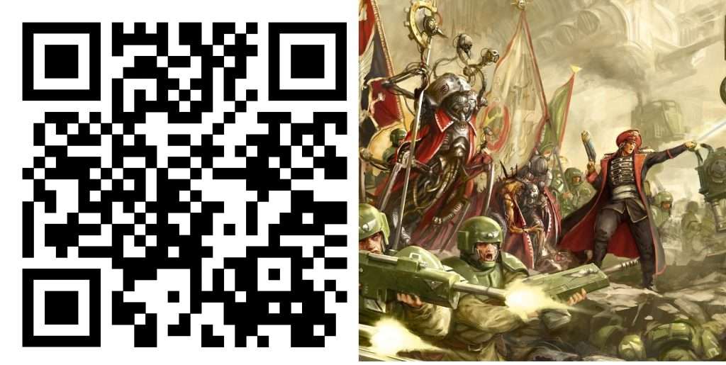 Código QR para escuchar la canción: Unbreakable, a un costado le acompaña  una imagen del astra militarum, un comisario comanda a algunos soldados, también se puede apreciar un tech priest