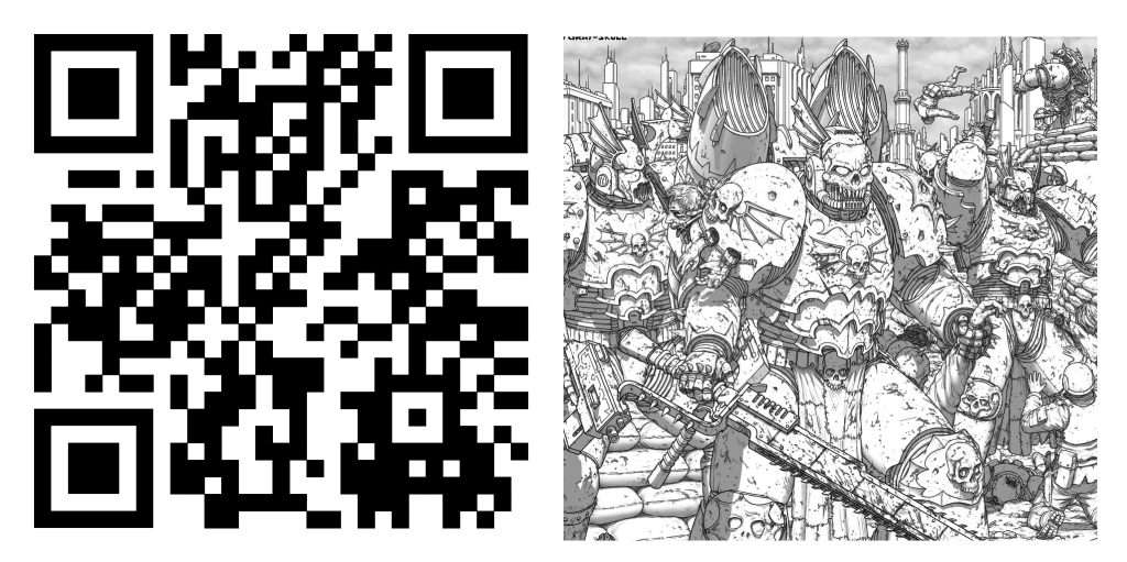 Código qr para escuchar la canción: I am a retribution, a un costado se puede apreciar  un contingente de  marines del caos de los amos de la noche con paquetes de salto