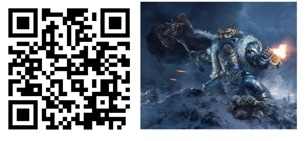 Código QR para escuchar la canción: The wolves of fenris, a un costado se puede apreciar la imagen de Logan Grimnar, señor del capítulo de los lobos espaciales, porta su armadura de exterminador y su hacha de energía
