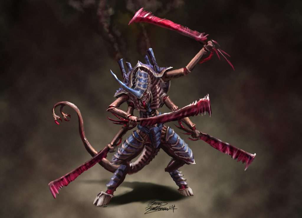 en la imagen aparece un swarmlord equipado con cuatro espadas óseas 