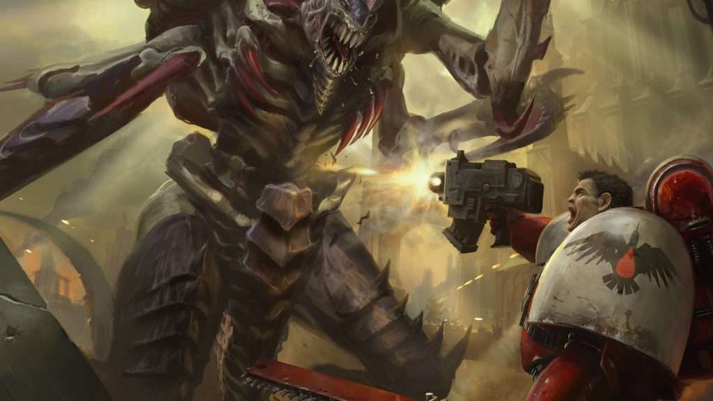Swarm lord luchando contra un marine espacial del capítulo de los cuervos de sangre