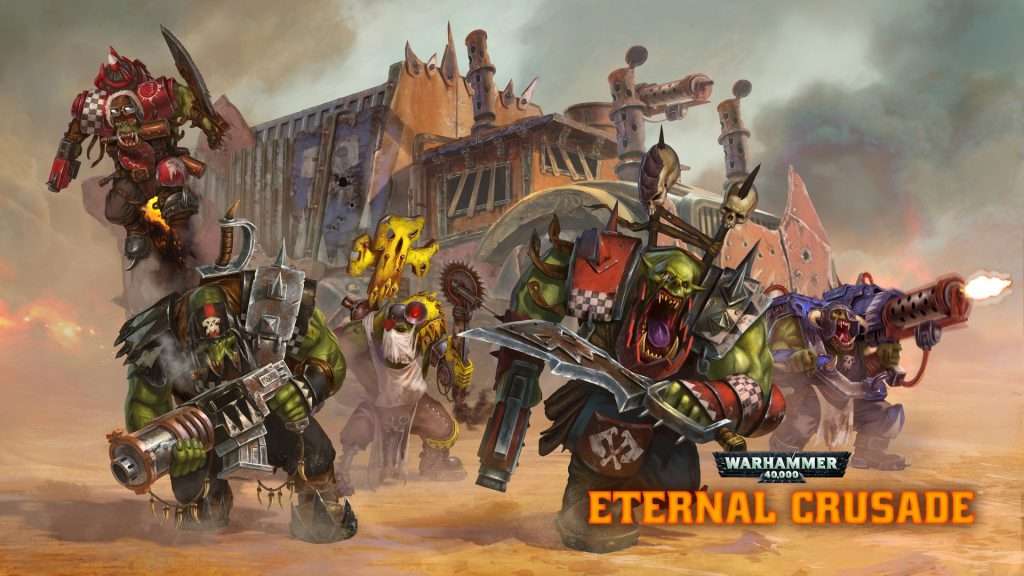 En la parte de atrás hay un camión orko, al frente, de izquierda a derecha aparece un stormboy, un orko con acribillador,  un matazanos orko, un noble con rebanadora y un zaqueador