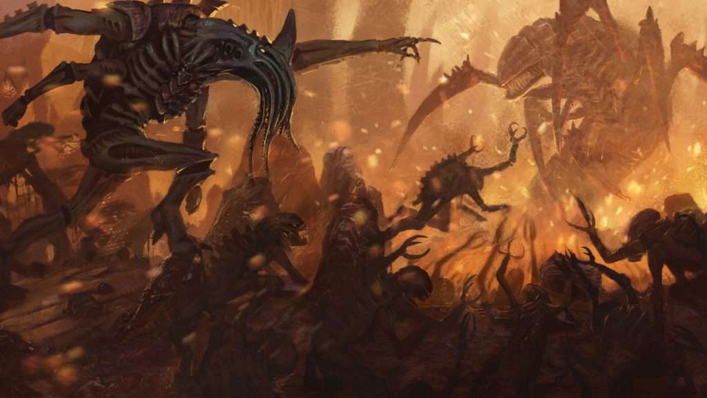 Invasión tiránida, la superficie del planeta está llena de criaturas tiranidas, entre ellas un líctor