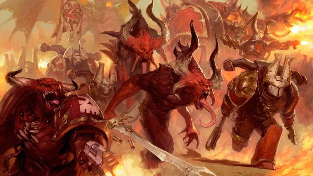 Un conjunto de demonios de khorne y marines de la legión de los devoradores de mundos hacen un asalto en conjunto