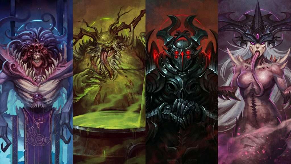 Representaciones de los dioses del caos, de izquierda a derecha: Tzeentch, Nurgle, Khorne y Slanesh