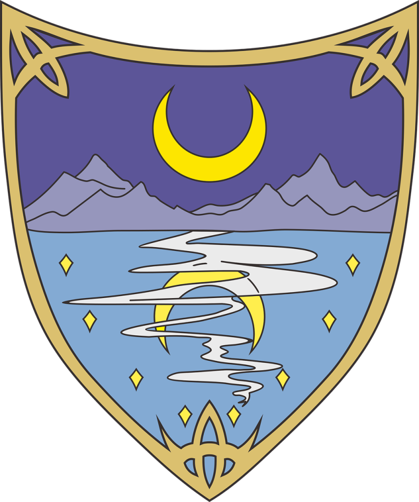 Escudo de armas de Waterdeep, en el escudo luce un  creciente de luna en el cielo, a su vez se ve reflejado en el agua