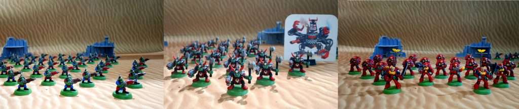 Composición de las diferentes unidades de la caja de segunda edición, de izquierda a derecha : gretchins, orkos y marines