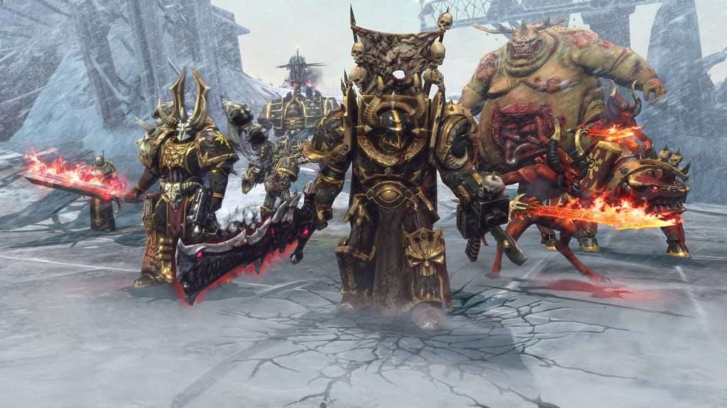 Un Señor de los marines espaciales del caos, acompañado de un hechicero, un gran demonio de nurgle, un jinete de jugernaut y un dreadnought del caos.