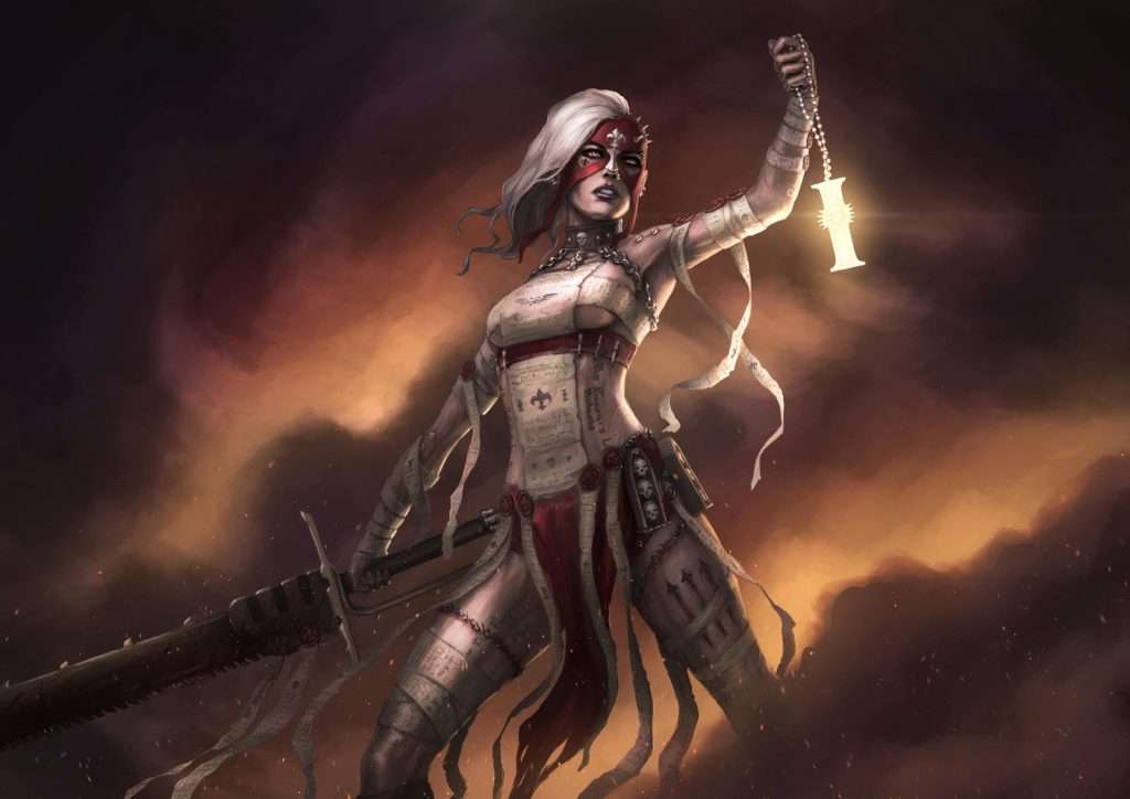 Hermana de batalla de warhammer40k, repentia con eviscerador y el símbolo de la inquisición  en la mano izquierda