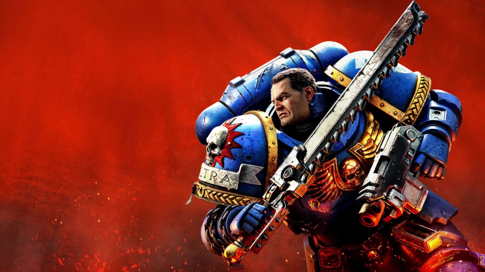 Titus, personaje del juego space marine 2, cargando a la batalla, con su espada sierra