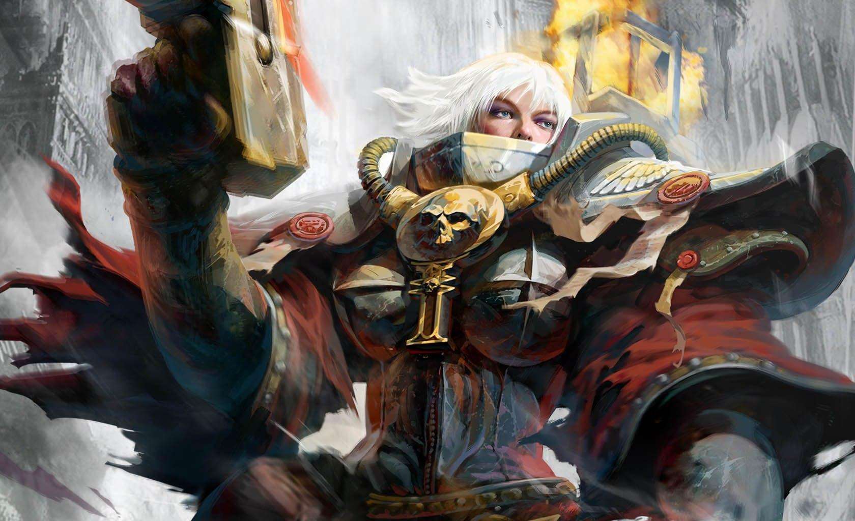 Hermana de batalla de warhammer 40k, con bólter y armadura power armour