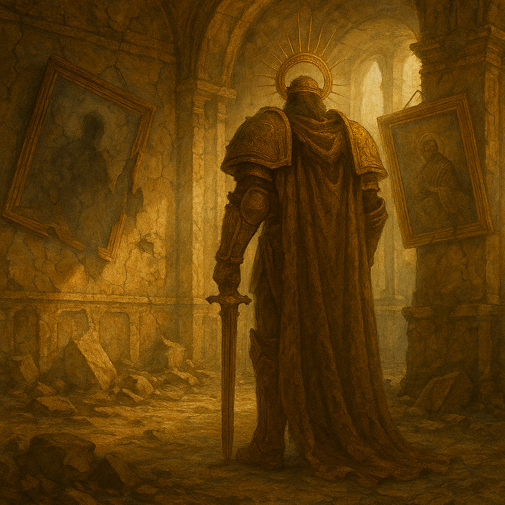 El emperador mira un retrato en el palacio imperial, el retrato está destruido y ya no muestra la cara del primarca que lo protagonizaba