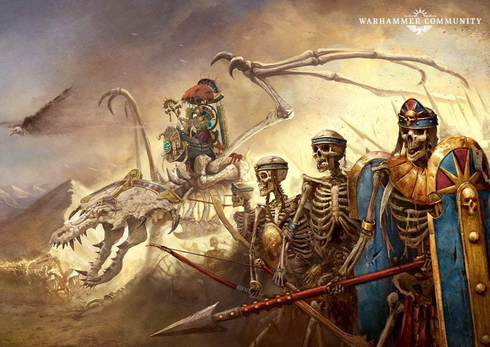 tomb kings un grupo de no-muertos de los reyes funerarios marcha a la batalla, su líder va sobre un dragón de esqueleto